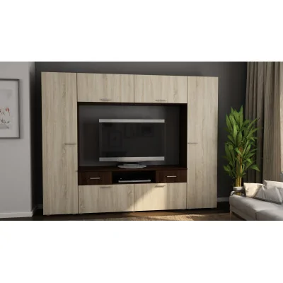 Zabudowana meblościanka z miejscem na telewizor 240×190 cm Sonoma Ciemna / Sonoma Jasna – PLUTON
