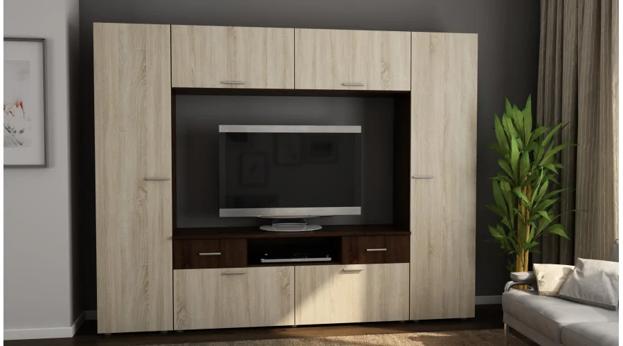 Zabudowana meblościanka z miejscem na telewizor 240×190 cm Sonoma Ciemna / Sonoma Jasna – PLUTON