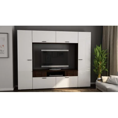 Zabudowana meblościanka z miejscem na telewizor 240×190 cm Sonoma Ciemna / Biały Połysk – PLUTON