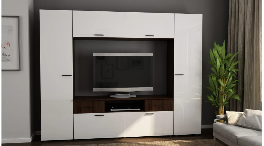 Zabudowana meblościanka z miejscem na telewizor 240×190 cm Sonoma Ciemna / Biały Połysk – PLUTON