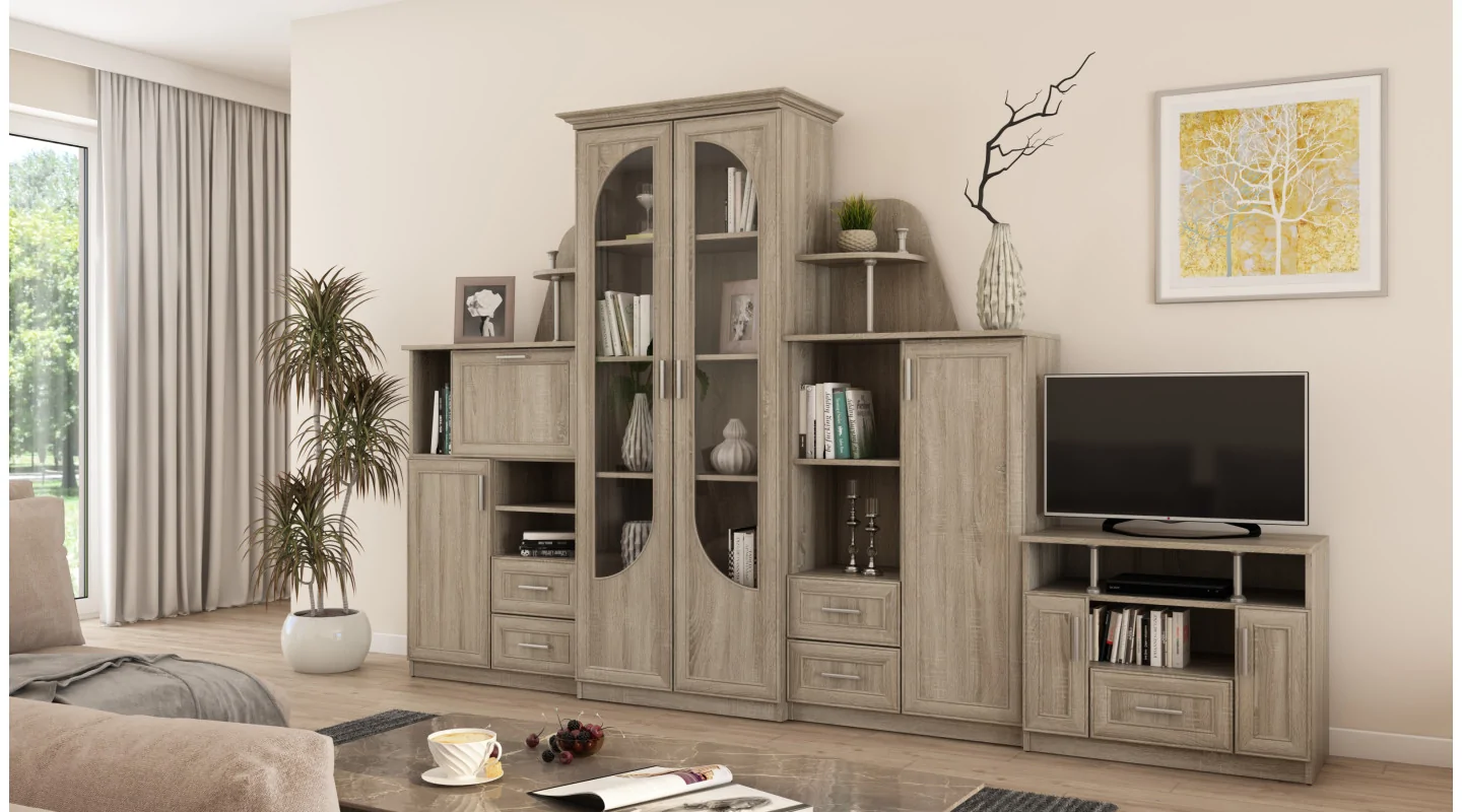 Klasyczna meblościanka z dużą przeszkloną witryną, barkiem, bieliźniarką i szafką RTV 240×207 cm Sonoma Jasna – TEXAS + RTV