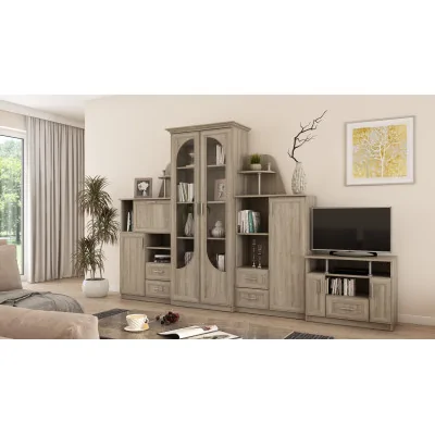 Klasyczna meblościanka z dużą przeszkloną witryną, barkiem, bieliźniarką i szafką RTV 240×207 cm Sonoma Jasna – TEXAS + RTV
