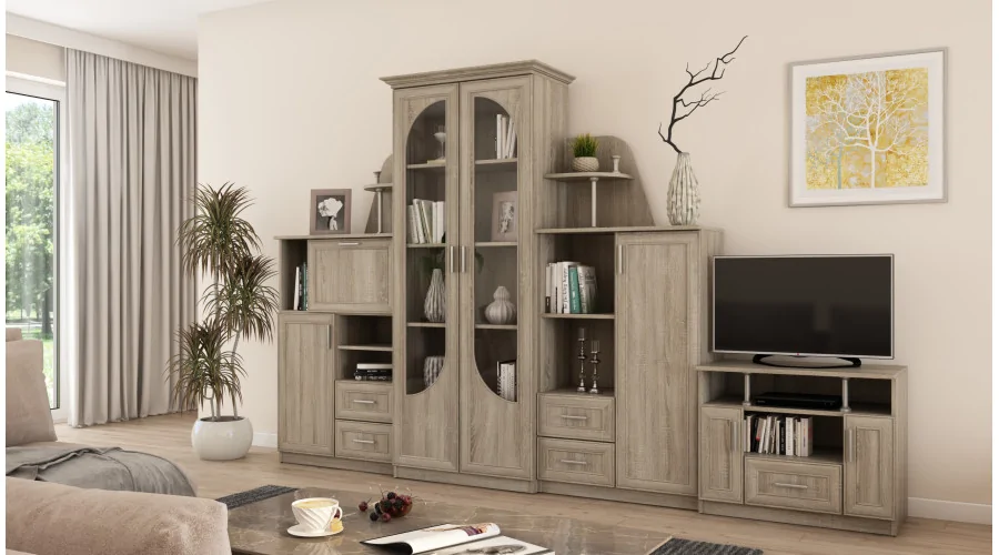 Klasyczna meblościanka z dużą przeszkloną witryną, barkiem, bieliźniarką i szafką RTV 240×207 cm Sonoma Jasna – TEXAS + RTV