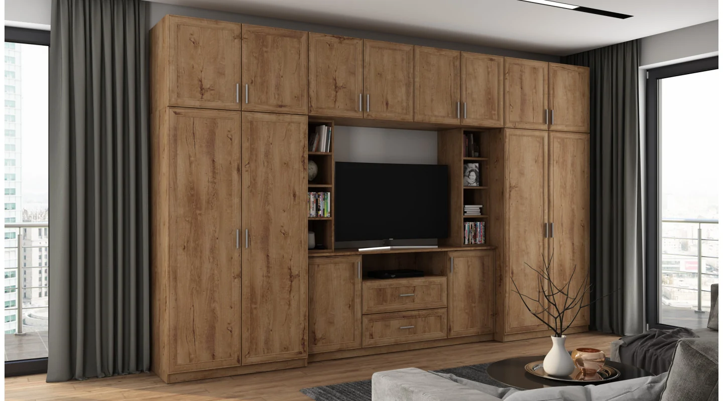 Elegancka meblościanka z szafami i półką RTV 380×240 cm Dąb Lefkas – DAKO