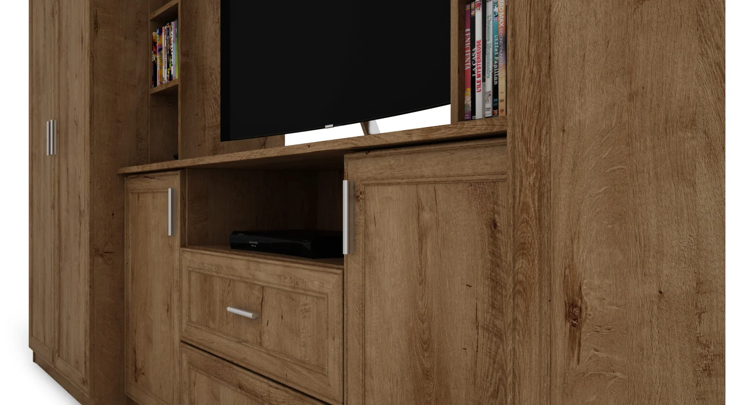 Elegancka meblościanka z szafami i półką RTV 380×240 cm Dąb Lefkas – DAKO