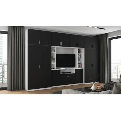 Elegancka meblościanka z szafami i półką RTV 380×240 cm Biel / Czarny – DAKO