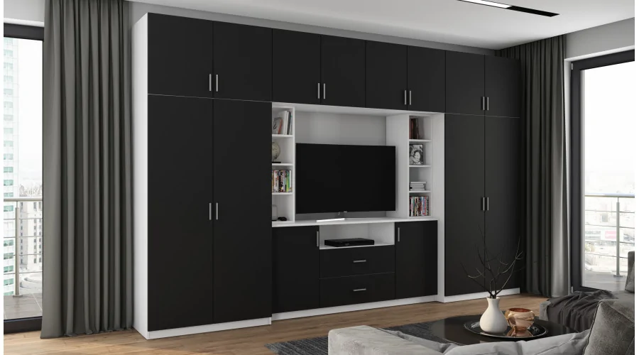 Elegancka meblościanka z szafami i półką RTV 380×240 cm Biel / Czarny – DAKO