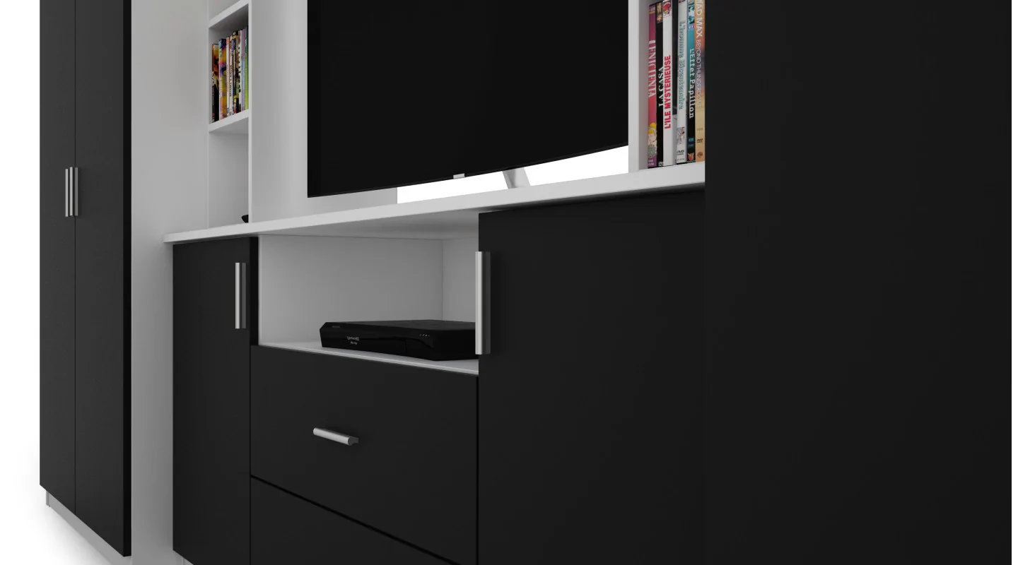 Elegancka meblościanka z szafami i półką RTV 380×240 cm Biel / Czarny – DAKO