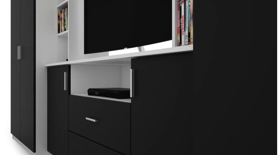 Elegancka meblościanka z szafami i półką RTV 380×240 cm Biel / Czarny – DAKO
