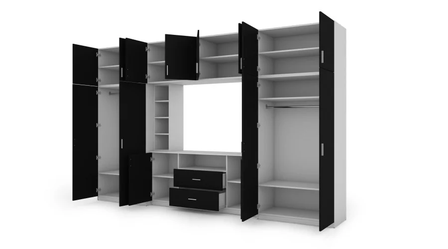 Elegancka meblościanka z szafami i półką RTV 380×240 cm Biel / Czarny – DAKO