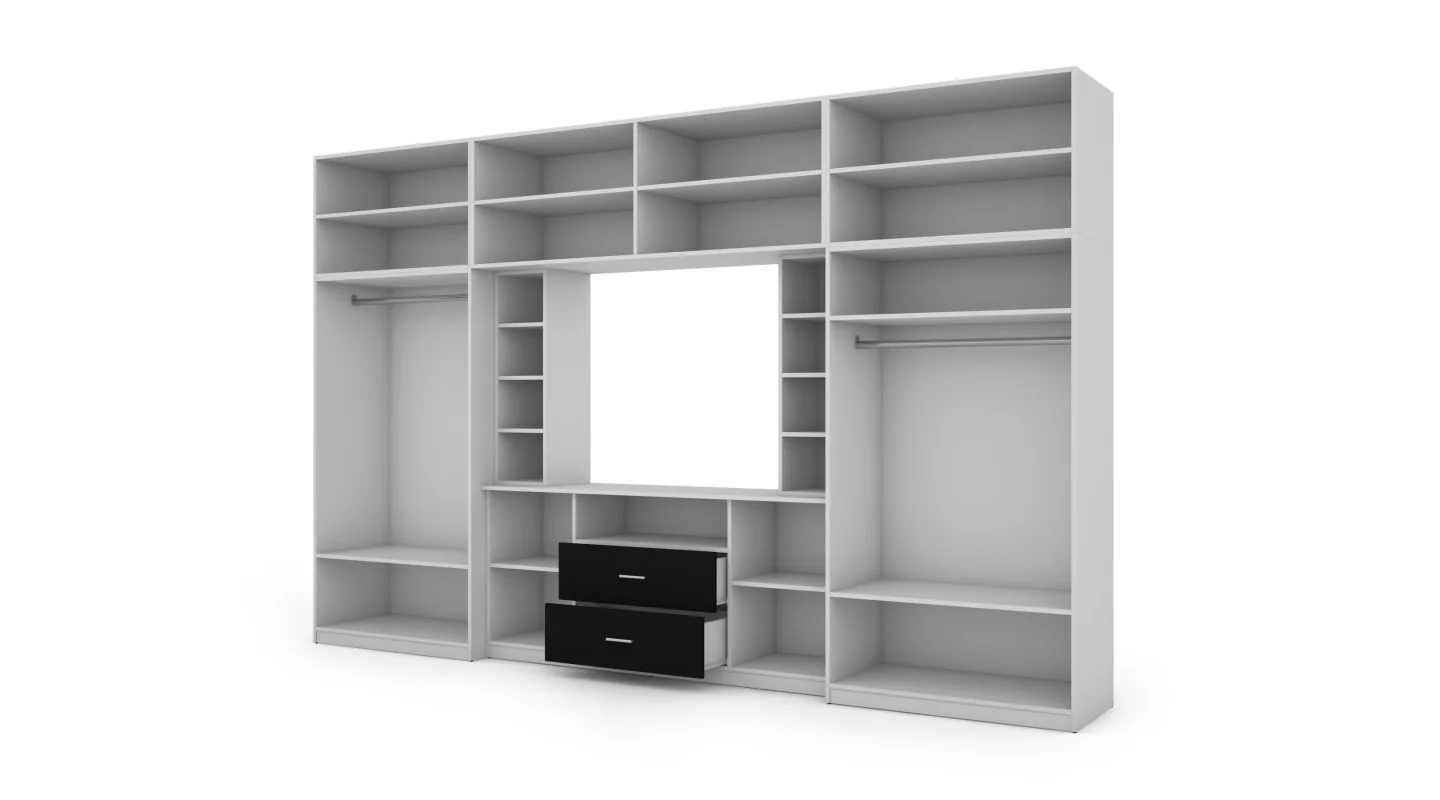 Elegancka meblościanka z szafami i półką RTV 380×240 cm Biel / Czarny – DAKO