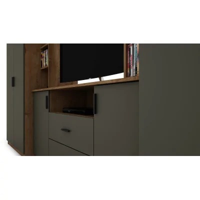 Elegancka meblościanka z szafami i półką RTV 380×240 cm Dąb Lefkas / Grafit – DAKO