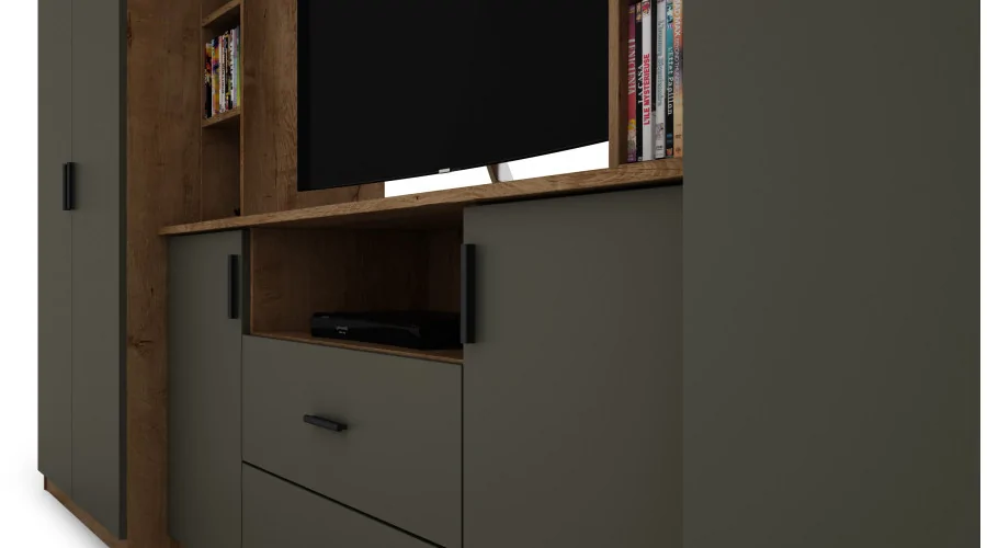 Elegancka meblościanka z szafami i półką RTV 380×240 cm Dąb Lefkas / Grafit – DAKO