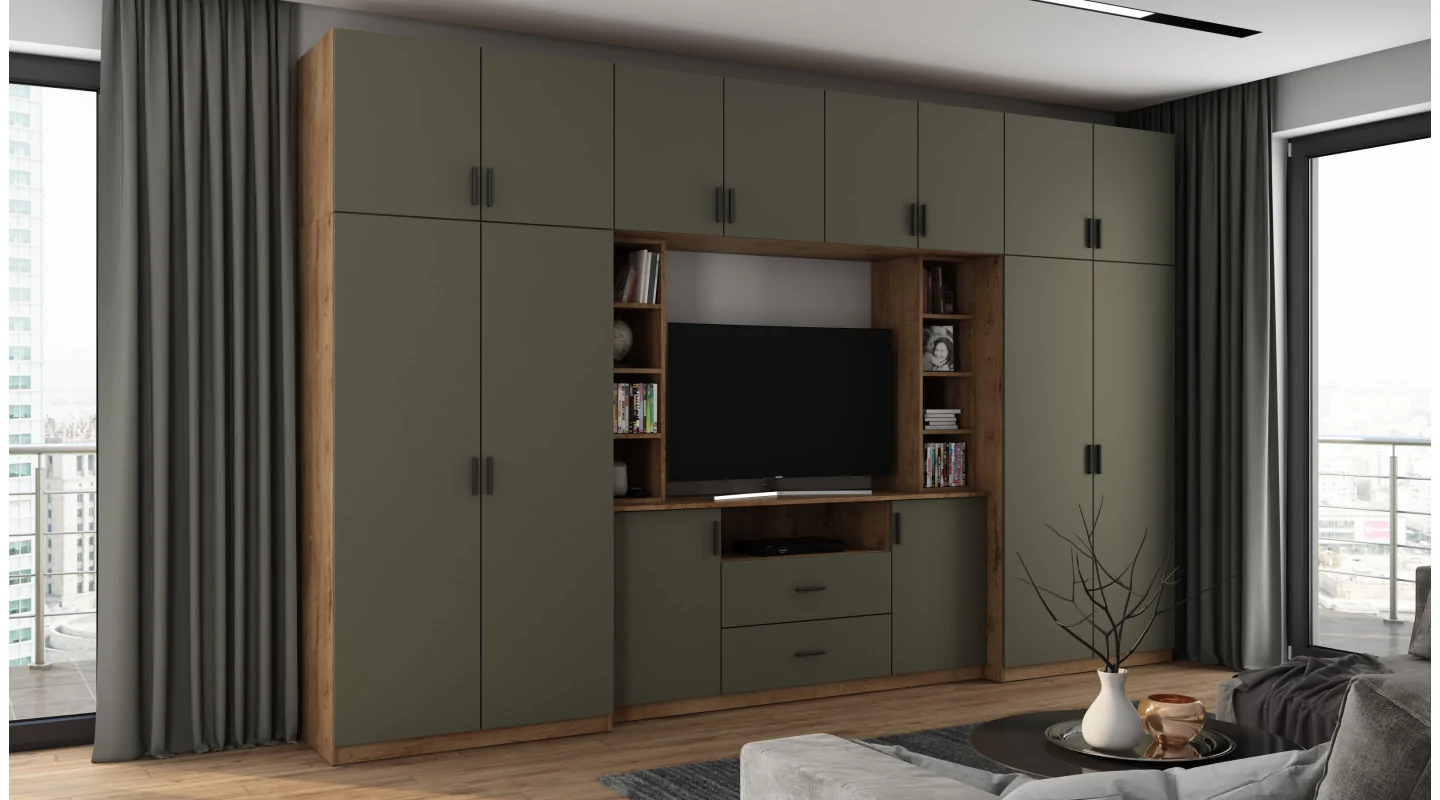 Elegancka meblościanka z szafami i półką RTV 380×240 cm Dąb Lefkas / Grafit – DAKO