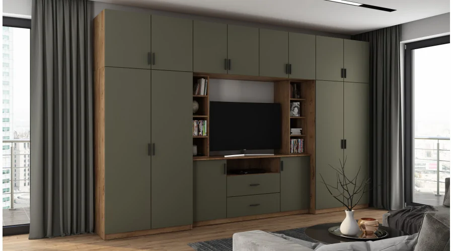 Elegancka meblościanka z szafami i półką RTV 380×240 cm Dąb Lefkas / Grafit – DAKO