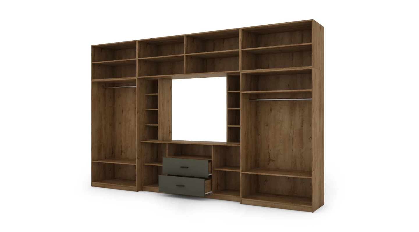 Elegancka meblościanka z szafami i półką RTV 380×240 cm Dąb Lefkas / Grafit – DAKO