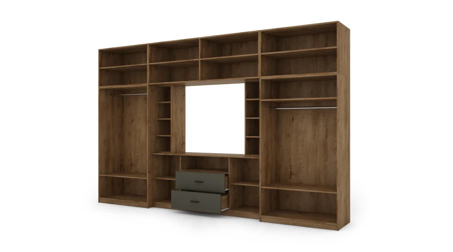 Elegancka meblościanka z szafami i półką RTV 380×240 cm Dąb Lefkas / Grafit – DAKO