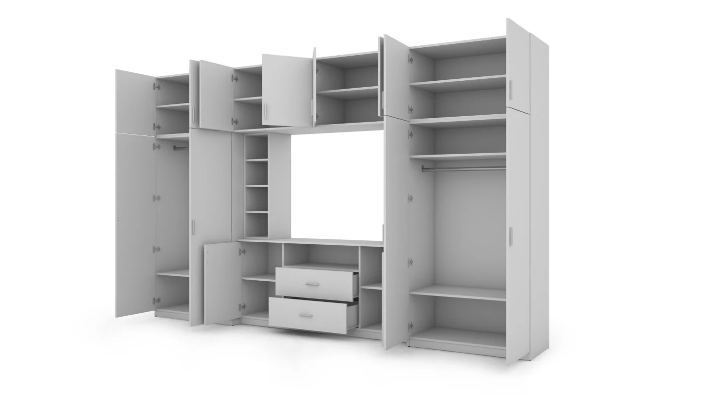 Elegancka meblościanka z szafami i wnęką RTV 380×240 cm Biel – DAKO Elegancka meblościanka z szafami i wnęką RTV 380×240 cm Biel – DAKO