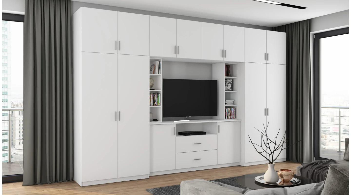 Elegancka meblościanka z szafami i wnęką RTV 380×240 cm Biel – DAKO Elegancka meblościanka z szafami i wnęką RTV 380×240 cm Biel – DAKO
