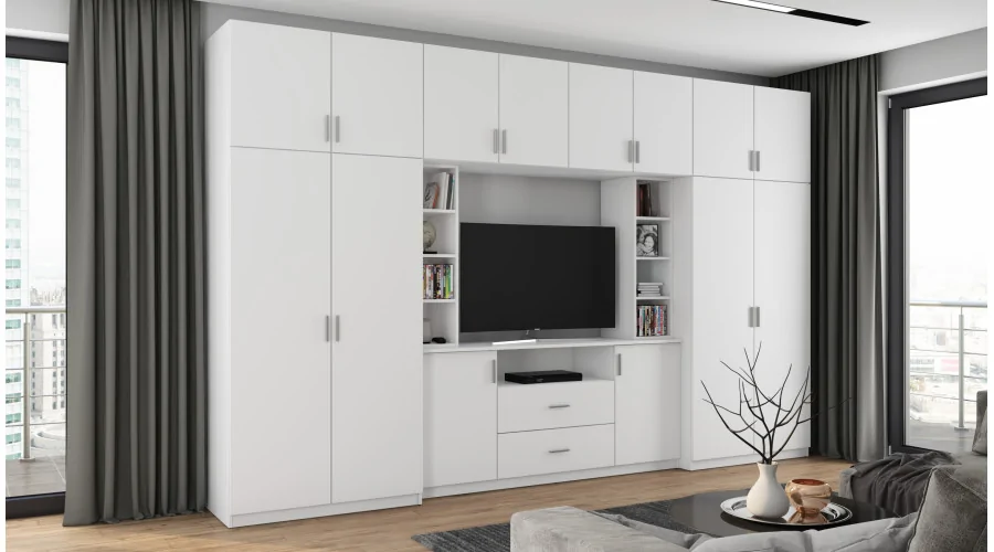 Elegancka meblościanka z szafami i wnęką RTV 380×240 cm Biel – DAKO Elegancka meblościanka z szafami i wnęką RTV 380×240 cm Biel – DAKO