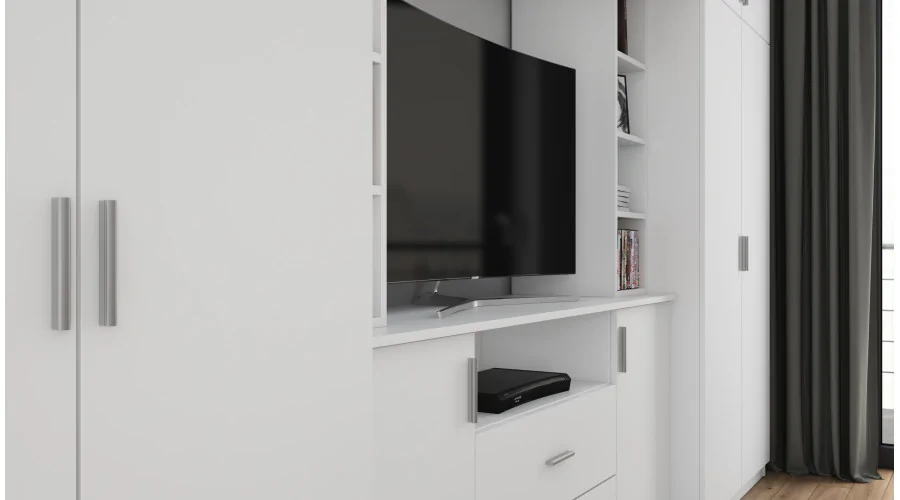 Elegancka meblościanka z szafami i wnęką RTV 380×240 cm Biel – DAKO Elegancka meblościanka z szafami i wnęką RTV 380×240 cm Biel – DAKO