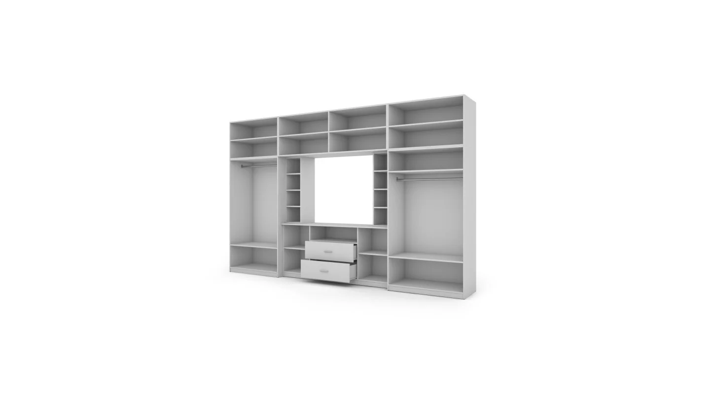 Elegancka meblościanka z szafami i wnęką RTV 380×240 cm Biel – DAKO Elegancka meblościanka z szafami i wnęką RTV 380×240 cm Biel – DAKO
