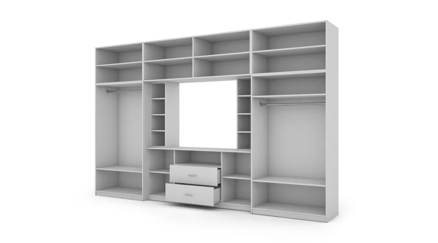 Elegancka meblościanka z szafami i wnęką RTV 380×240 cm Biel – DAKO Elegancka meblościanka z szafami i wnęką RTV 380×240 cm Biel – DAKO