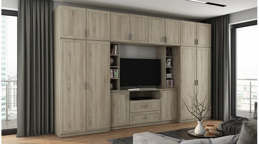Elegancka meblościanka z szafami i półką RTV 380×240 cm Sonoma Jasna – DAKO