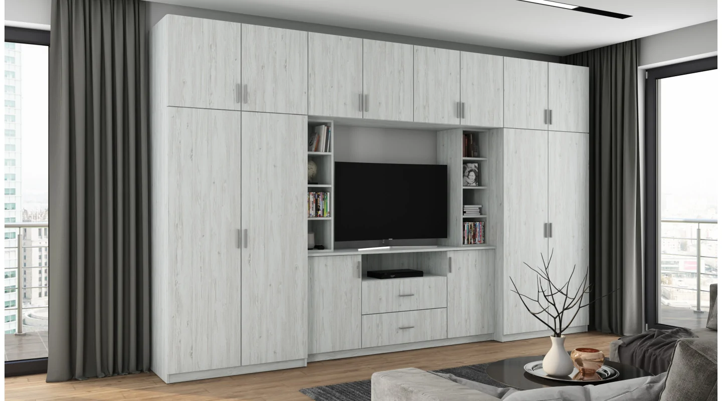 Elegancka meblościanka z szafami i półką RTV 380×240 cm Sosna Anderson – DAKO