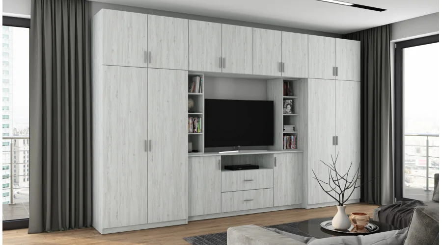 Elegancka meblościanka z szafami i półką RTV 380×240 cm Sosna Anderson – DAKO