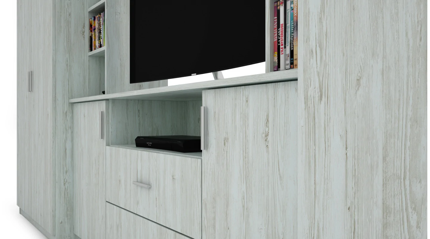 Elegancka meblościanka z szafami i półką RTV 380×240 cm Sosna Anderson – DAKO