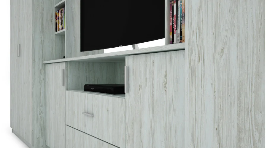 Elegancka meblościanka z szafami i półką RTV 380×240 cm Sosna Anderson – DAKO