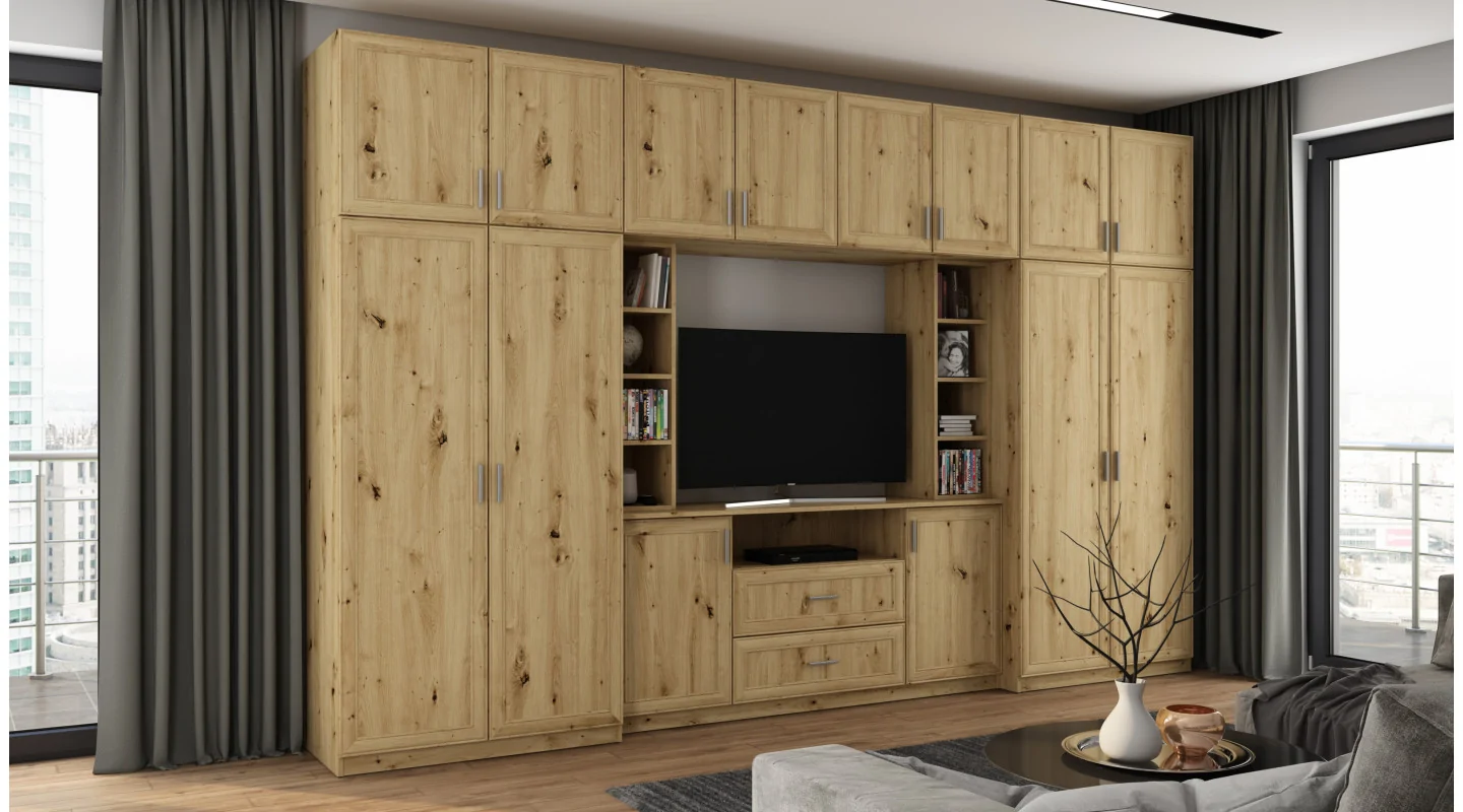 Elegancka meblościanka z szafami i półką RTV 380×240 cm Dąb Artisan – DAKO