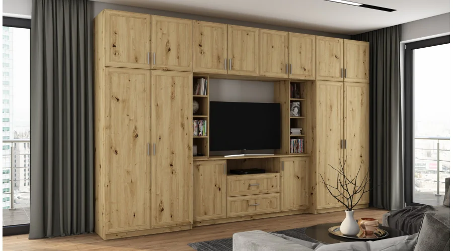 Elegancka meblościanka z szafami i półką RTV 380×240 cm Dąb Artisan – DAKO