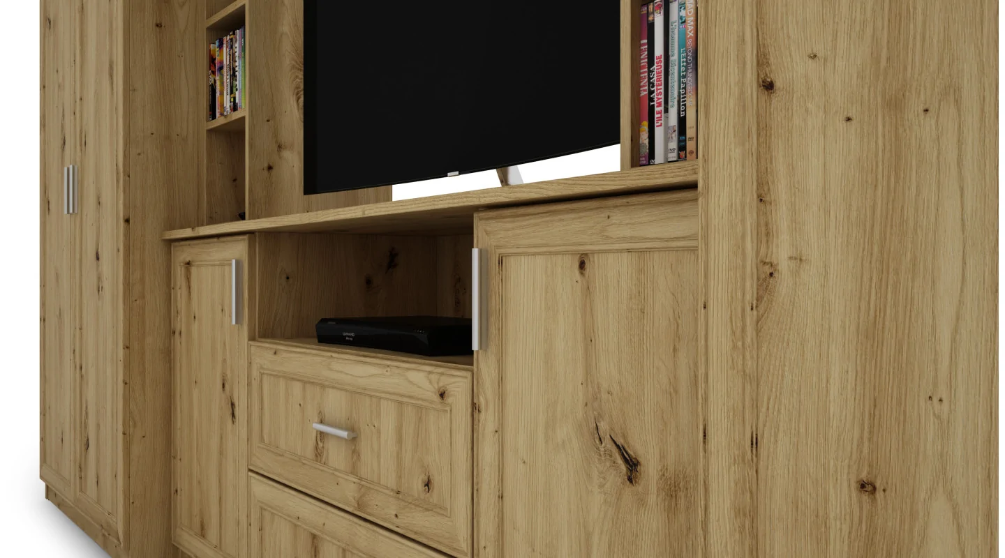 Elegancka meblościanka z szafami i półką RTV 380×240 cm Dąb Artisan – DAKO