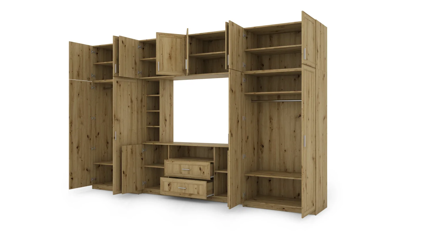 Elegancka meblościanka z szafami i półką RTV 380×240 cm Dąb Artisan – DAKO