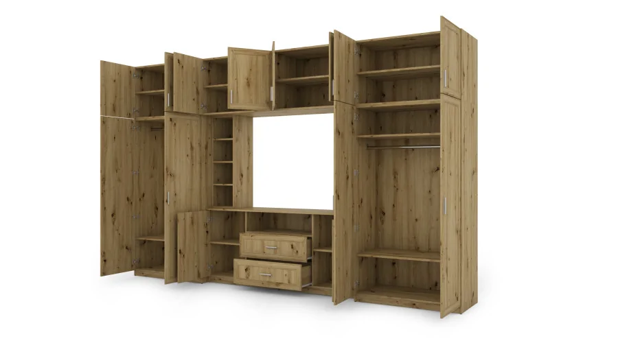 Elegancka meblościanka z szafami i półką RTV 380×240 cm Dąb Artisan – DAKO