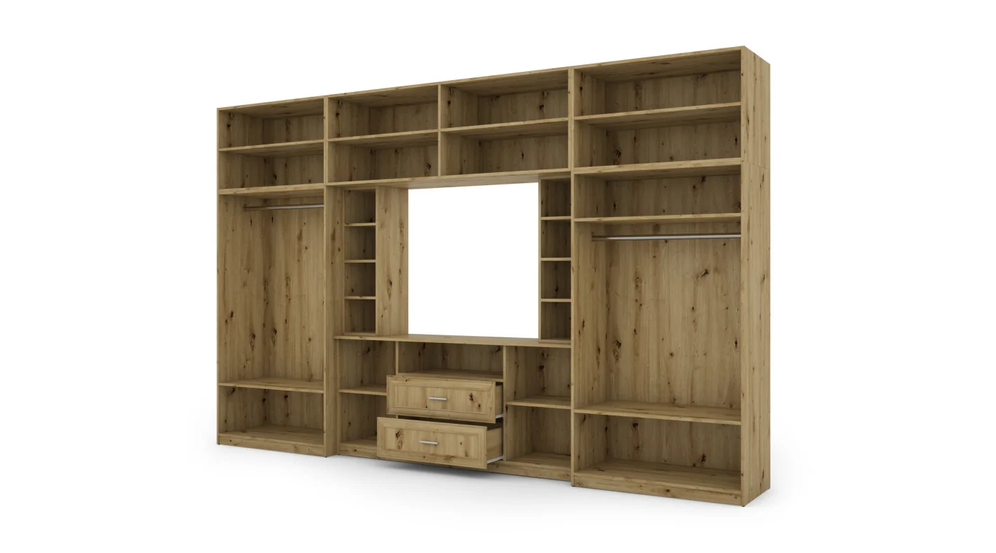 Elegancka meblościanka z szafami i półką RTV 380×240 cm Dąb Artisan – DAKO