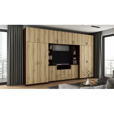 Elegancka meblościanka z szafami i półką RTV 380×240 cm Sonoma Ciemna / Dąb Grand Naturalny – DAKO