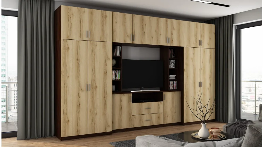 Elegancka meblościanka z szafami i półką RTV 380×240 cm Sonoma Ciemna / Dąb Grand Naturalny – DAKO