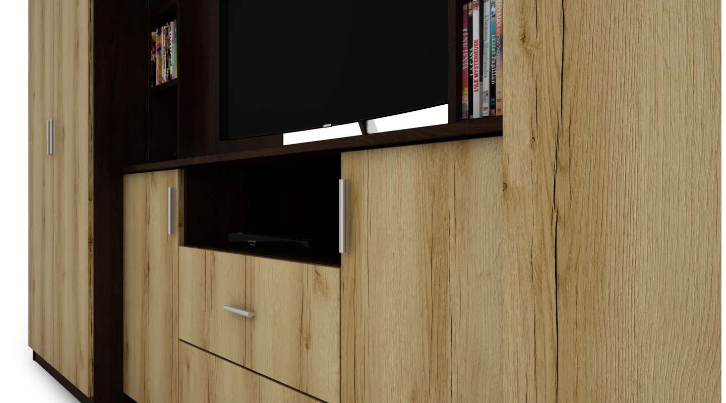 Elegancka meblościanka z szafami i półką RTV 380×240 cm Sonoma Ciemna / Dąb Grand Naturalny – DAKO