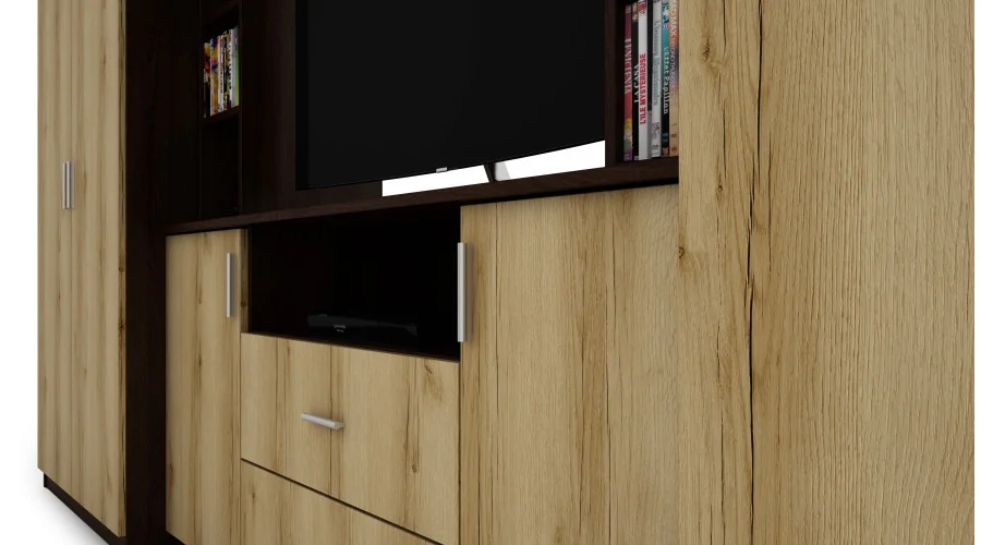 Elegancka meblościanka z szafami i półką RTV 380×240 cm Sonoma Ciemna / Dąb Grand Naturalny – DAKO