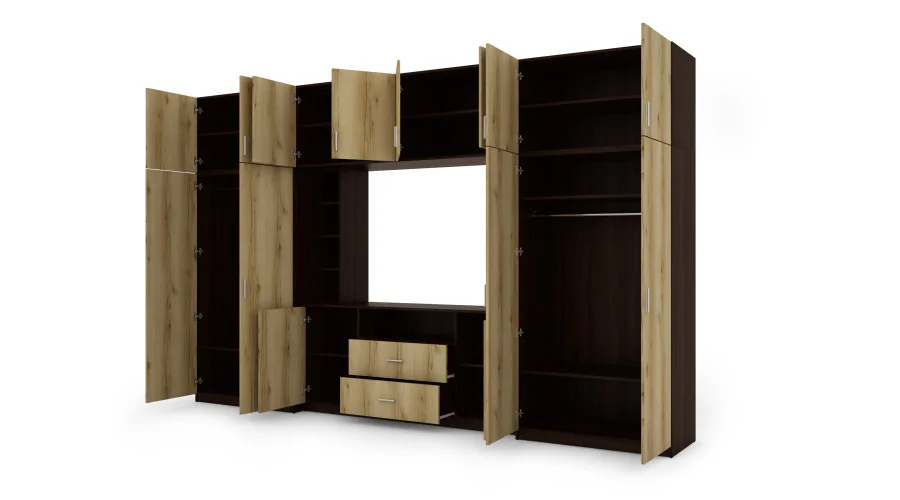 Elegancka meblościanka z szafami i półką RTV 380×240 cm Sonoma Ciemna / Dąb Grand Naturalny – DAKO