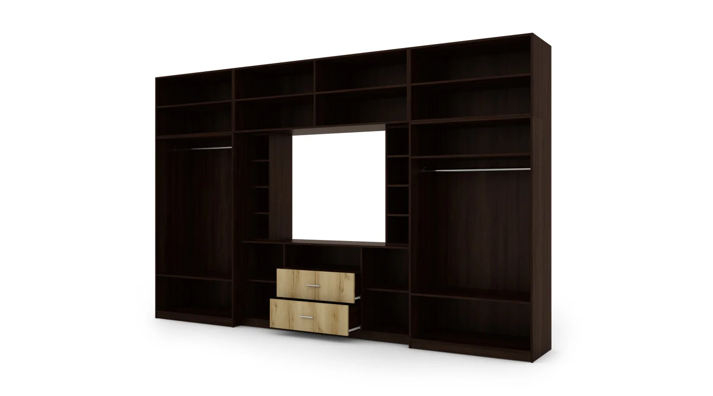 Elegancka meblościanka z szafami i półką RTV 380×240 cm Sonoma Ciemna / Dąb Grand Naturalny – DAKO