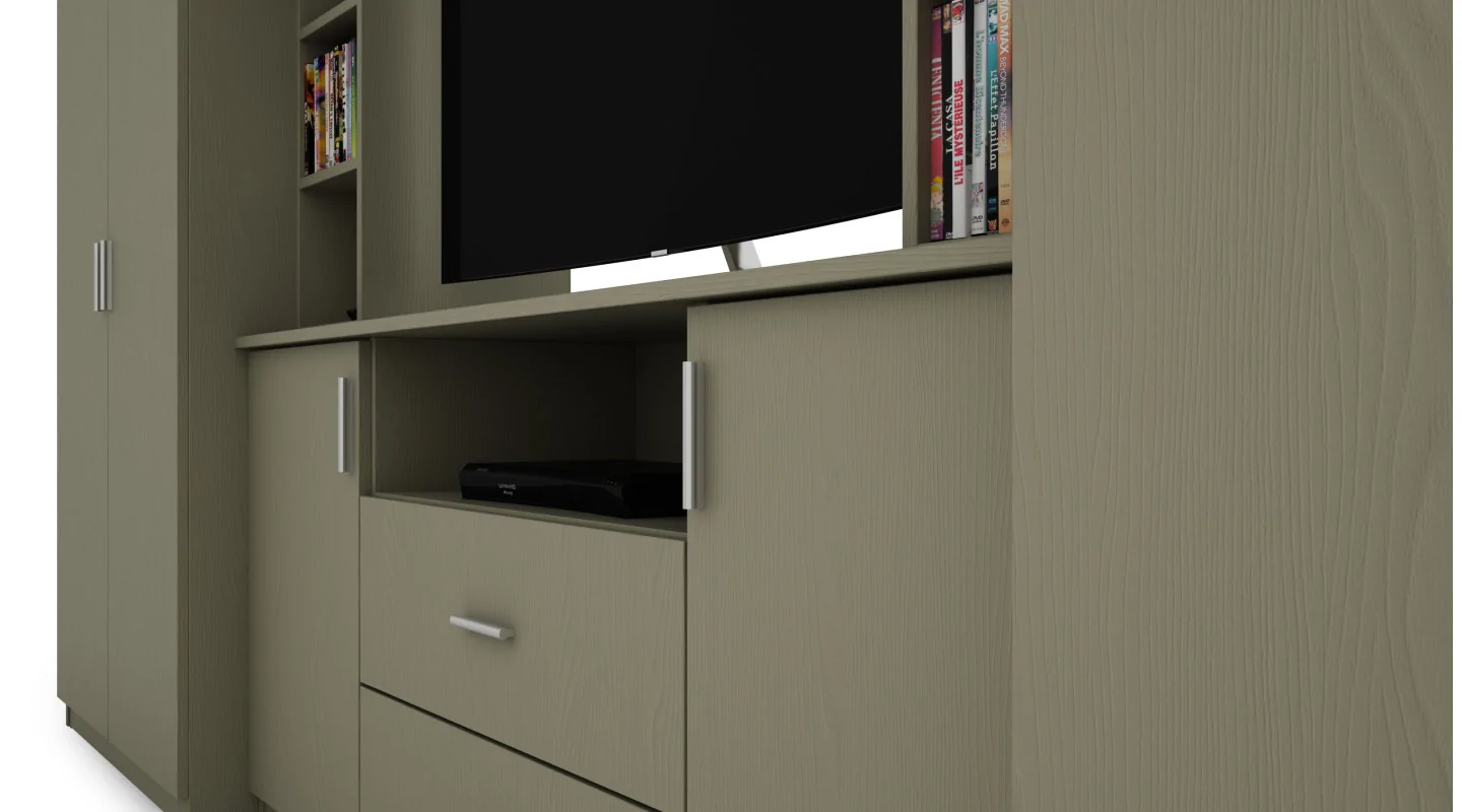 Elegancka meblościanka z szafami i półką RTV 380×240 cm Eukaliptus – DAKO