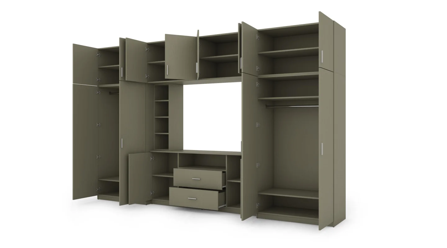 Elegancka meblościanka z szafami i półką RTV 380×240 cm Eukaliptus – DAKO