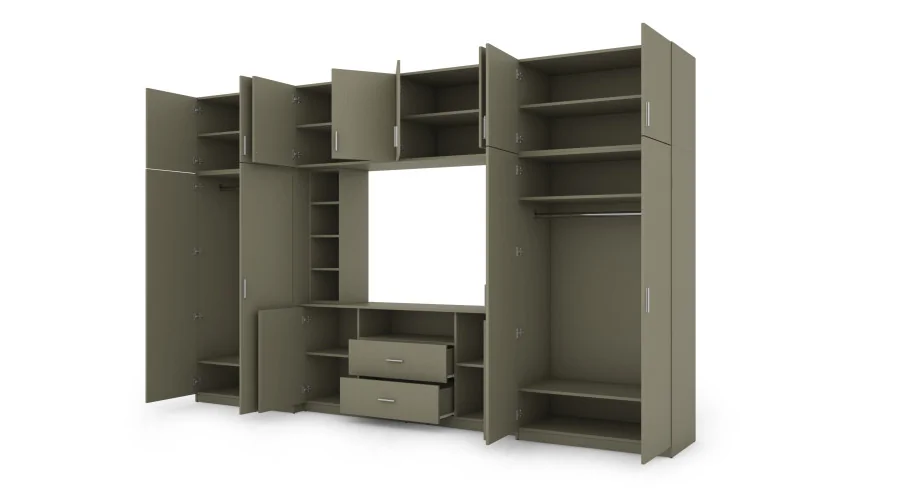 Elegancka meblościanka z szafami i półką RTV 380×240 cm Eukaliptus – DAKO