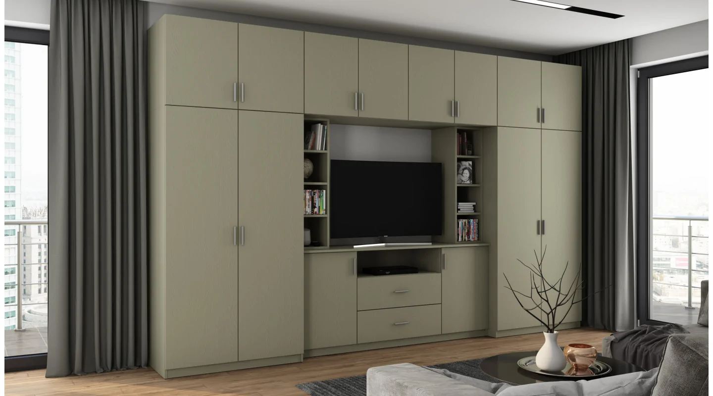 Elegancka meblościanka z szafami i półką RTV 380×240 cm Eukaliptus – DAKO