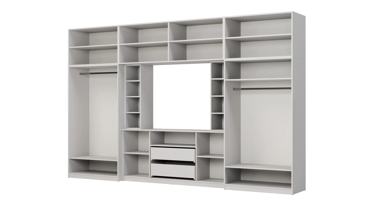 Elegancka meblościanka z szafami i półką RTV 380×240 cm Szary Jasny / Dąb Halifax – DAKO Elegancka meblościanka z szafami i półką RTV 380×240 cm Szary Jasny / Dąb Halifax – DAKO