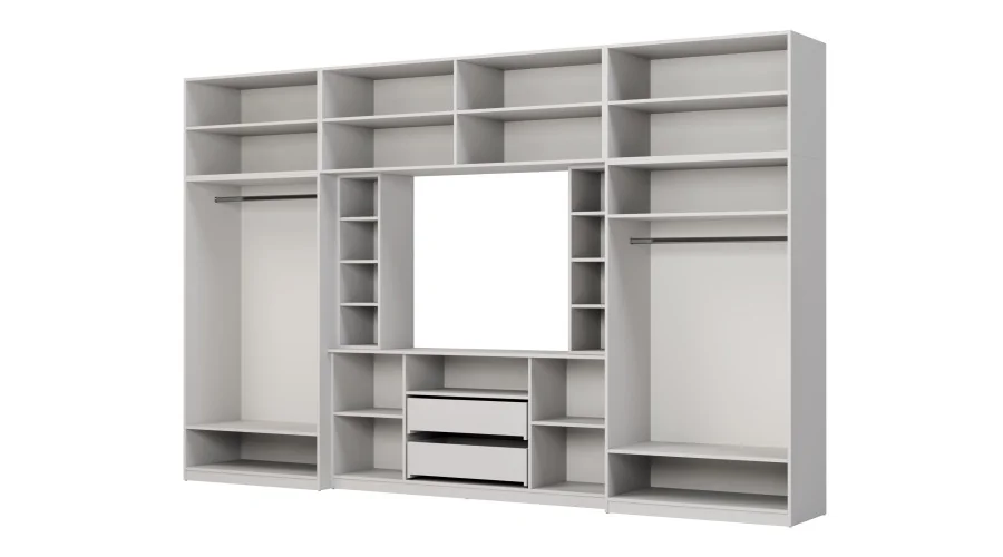 Elegancka meblościanka z szafami i półką RTV 380×240 cm Szary Jasny / Dąb Halifax – DAKO Elegancka meblościanka z szafami i półką RTV 380×240 cm Szary Jasny / Dąb Halifax – DAKO